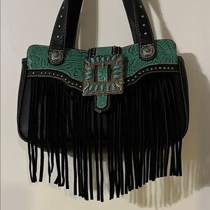 Black and Turquoise Fringe Handbag